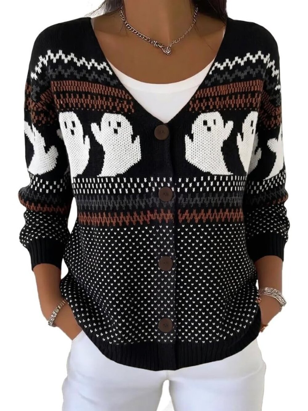 Women's Black Fall Winter Funny Graphic Knit Button Front Cardigan Sweaters